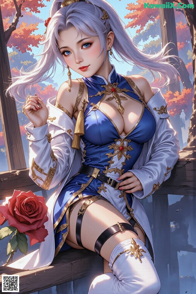 A woman in a blue dress sitting on a wooden fence.
