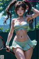 A woman in a green bikini holding a tennis racket.